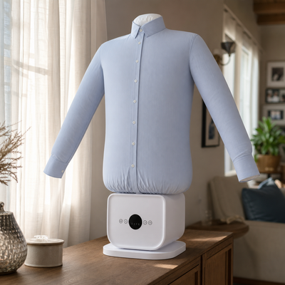 AiroCloud automatic ironing machine smoothing a light-blue shirt