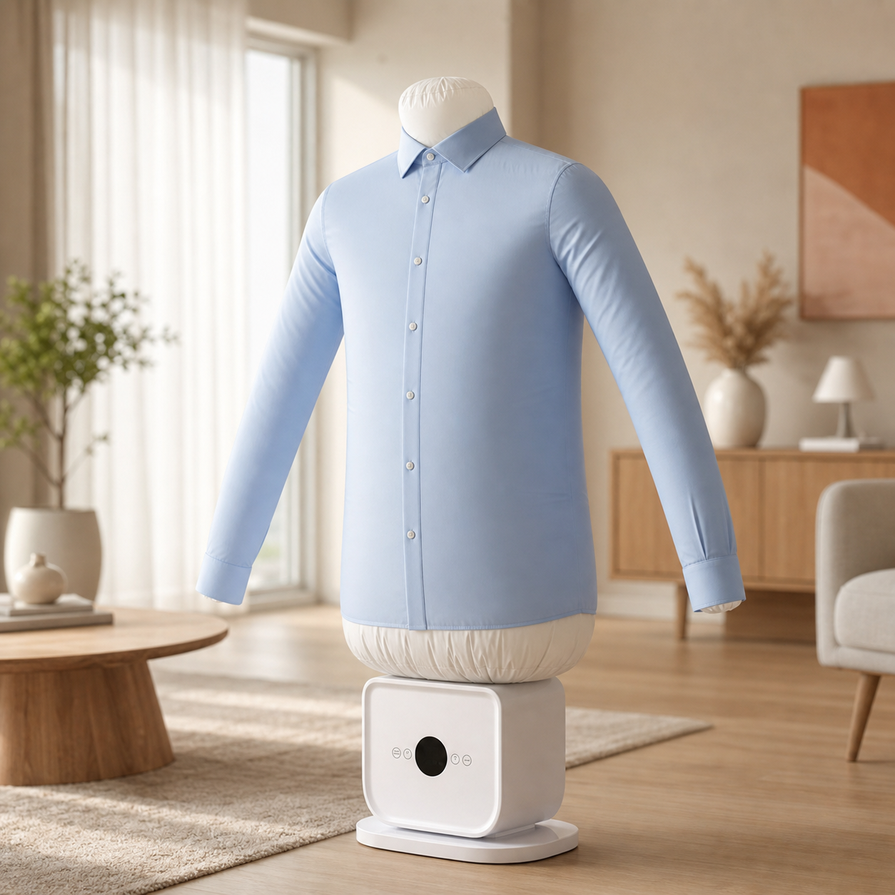The AiroCloud machine smoothing a light-blue shirt